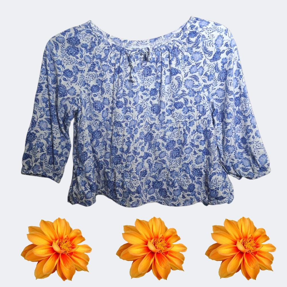 Old Navy Girls Blue & White Floral Print Top Size L  10- 12